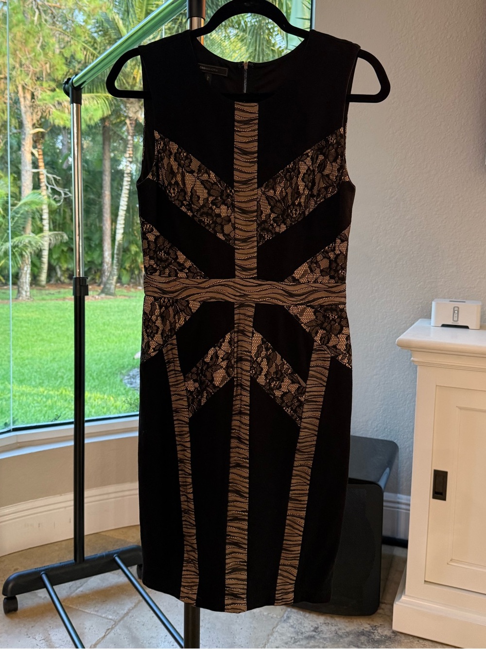 BCBGMaxAzria Black and Beige Lace-Panel Midi Dress